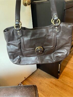 Coach Dark Brown Leather Shoulder Tote with Front Buckle Pocket
